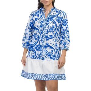 LINA TOMEI Italy Long Sleeve Cotton Baroque Drop Waist Dress Blue Floral M NWT